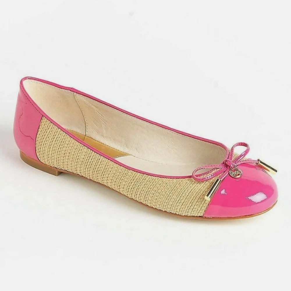 Michael Kors Jordana Pink & Straw Ballet Flats Patent MK Logo Sz 7M